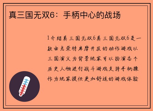 真三国无双6：手柄中心的战场